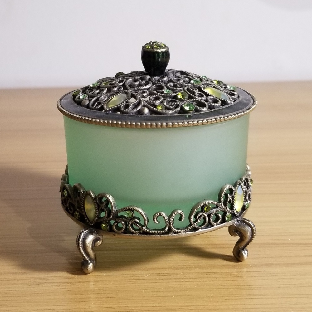 Vintage Jeweled Green Glass Trinket Box